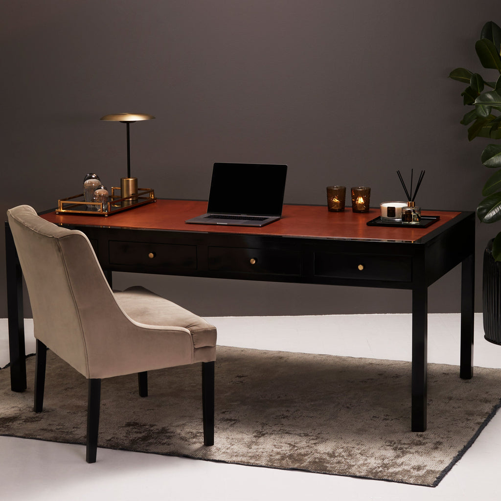 Cognac-brunt læderbetrukket skrivebord i højglans lak med skuffer - Churchill