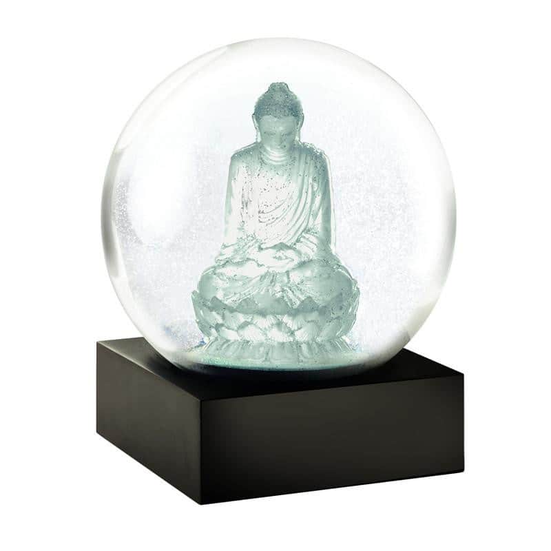 Snow globe med krystal klar Buddha og sølvglimmer