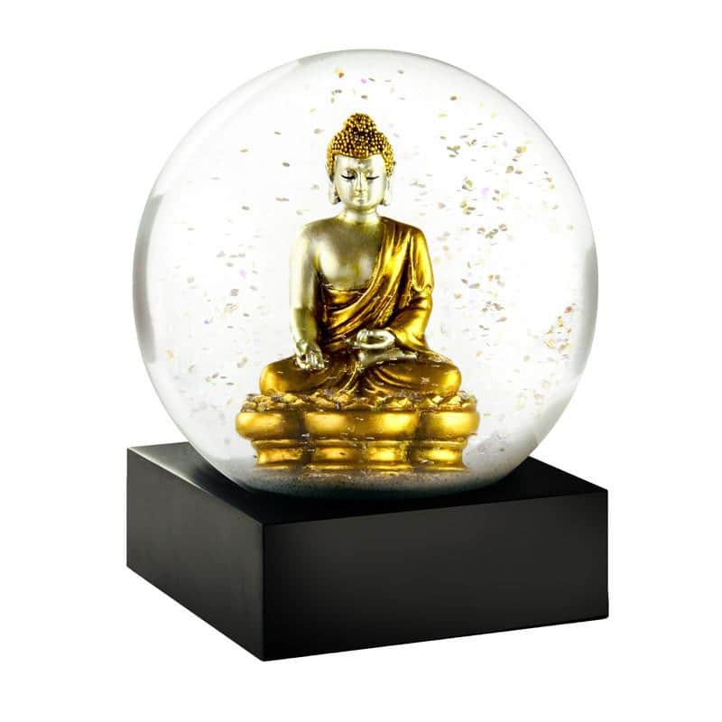 Snekugle med Buddha af guld i glas og med flager af guld